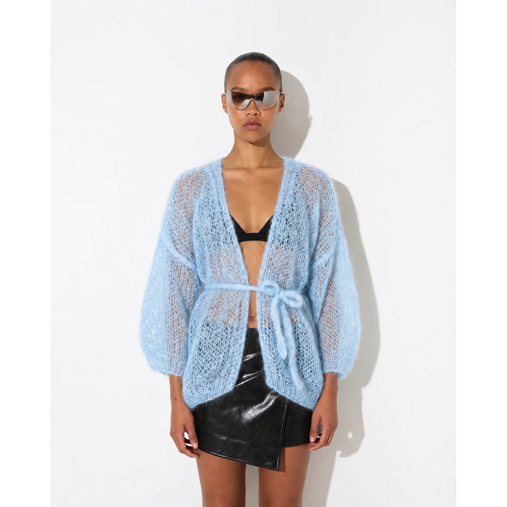 Maiami Berlin Blue Mohair Open Knit Balloon Sleeve Belted Cardigan OS